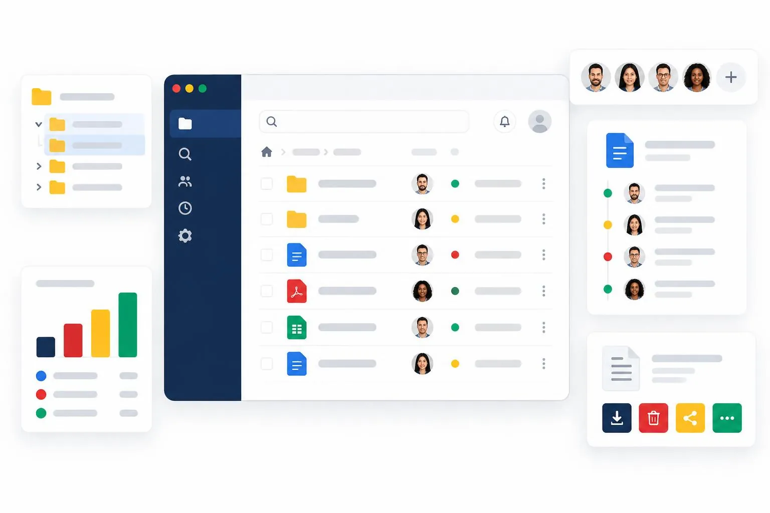 Document management dashboard with folders, files, and version activity